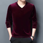 men's burgundy velvet-effect blouse with v-neck and long sleeves
