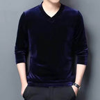 Men's navy blue velvet effect blouse with a V-neck and long sleeves for a stylish look