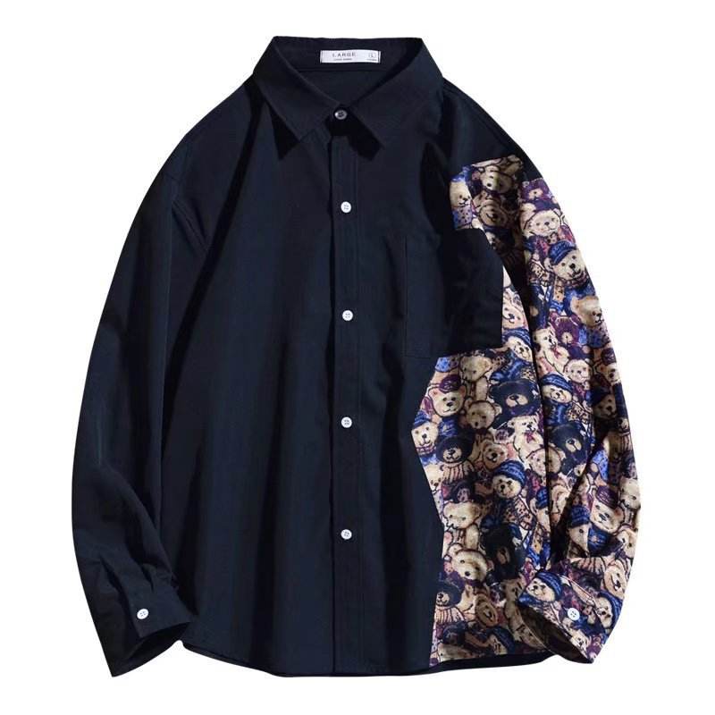 Cămașă cu imprimeu ursuleți pe mâneca dreaptă, culoare neagră, elegantă și casual