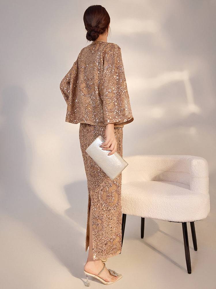 Elegant camel midi skirt with geometric sequins paired with a shimmering top and clutch