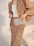 Elegant camel midi skirt with geometric sequins paired with a matching sequined jacket