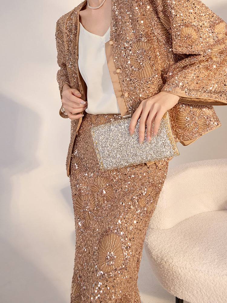 Elegant camel midi skirt with geometric sequins paired with a matching sequined jacket