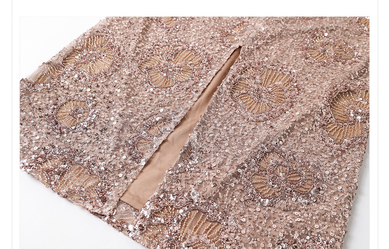 Camel midi skirt with geometric sequins featuring detailed beadwork and a chic design