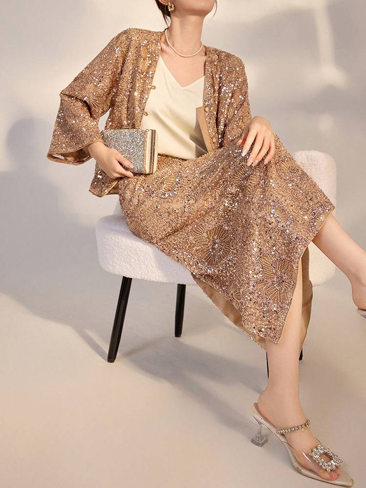 Camel midi skirt with geometric sequins paired with a stylish top and clutch for an elegant look