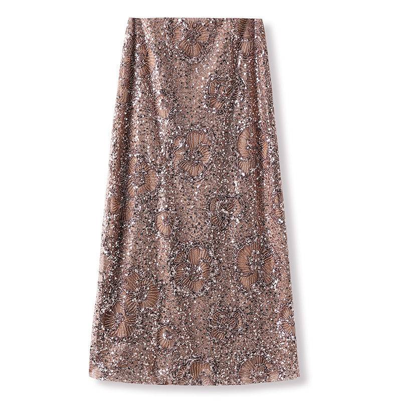 Camel midi skirt with geometric sequins featuring a stunning metallic design and elegant silhouette