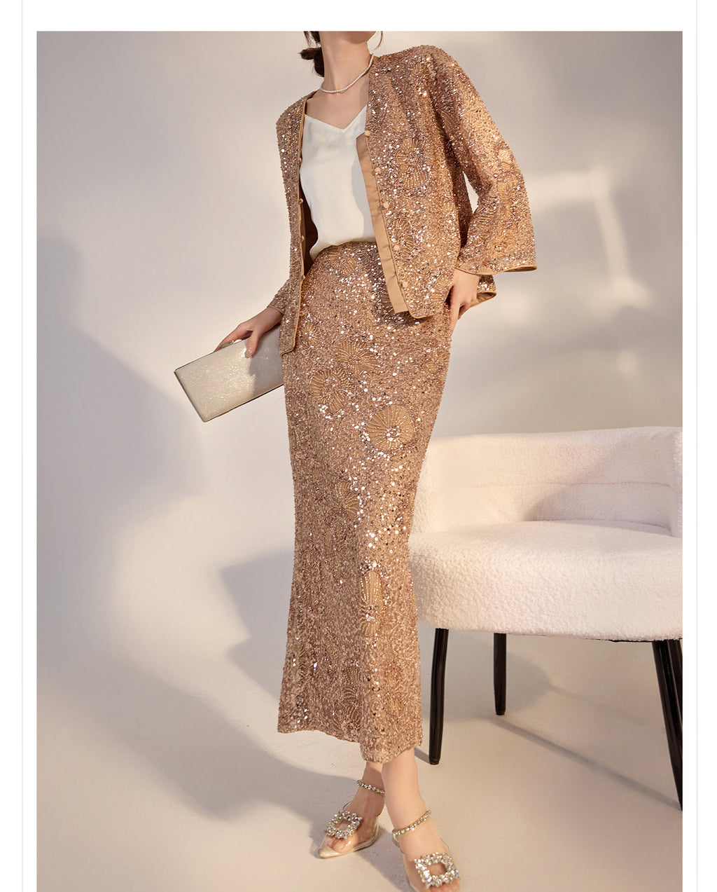 Camel midi skirt with geometric sequins paired with a stylish top and jacket for a chic look