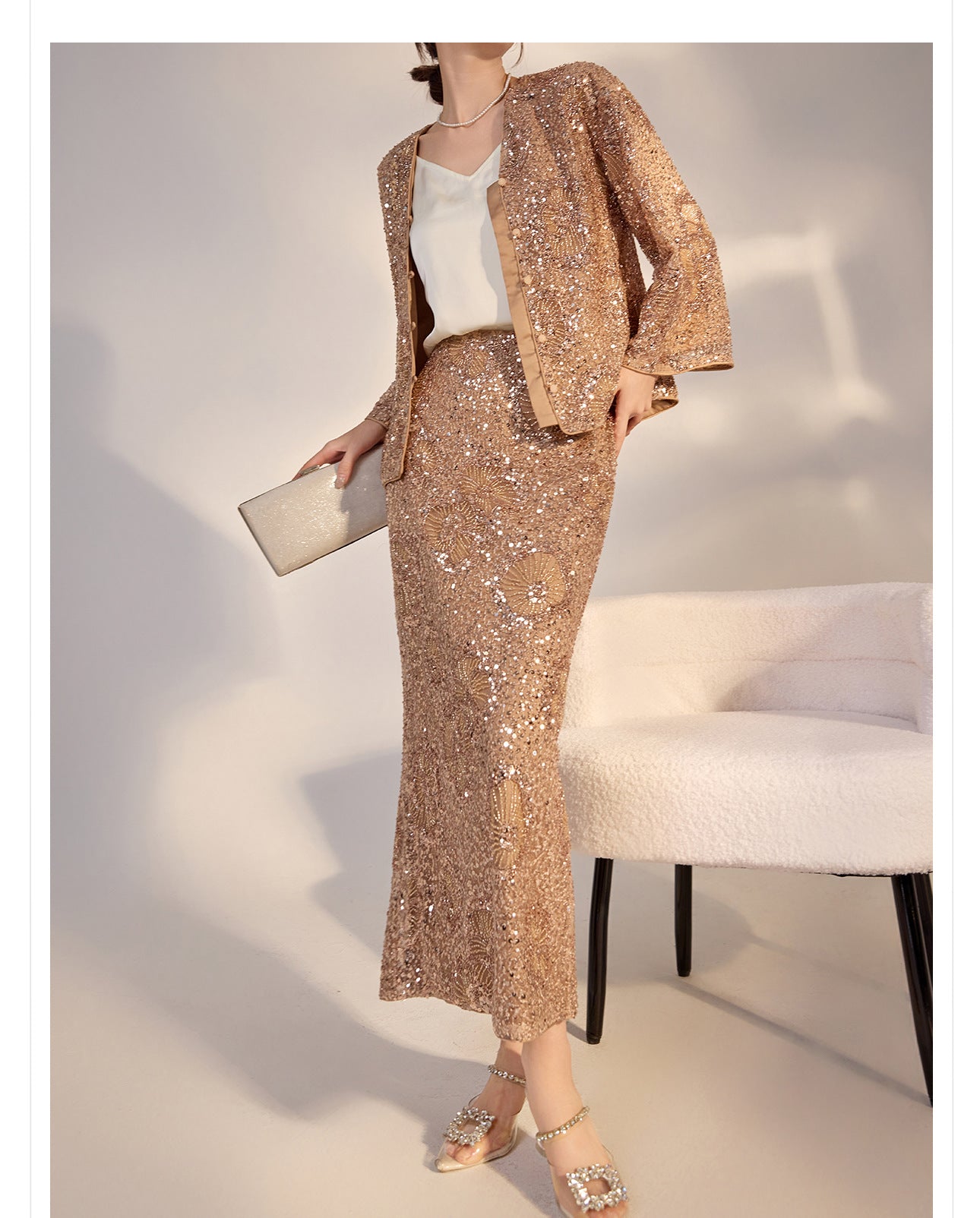 Camel midi skirt with geometric sequins paired with a stylish top and jacket for a chic look