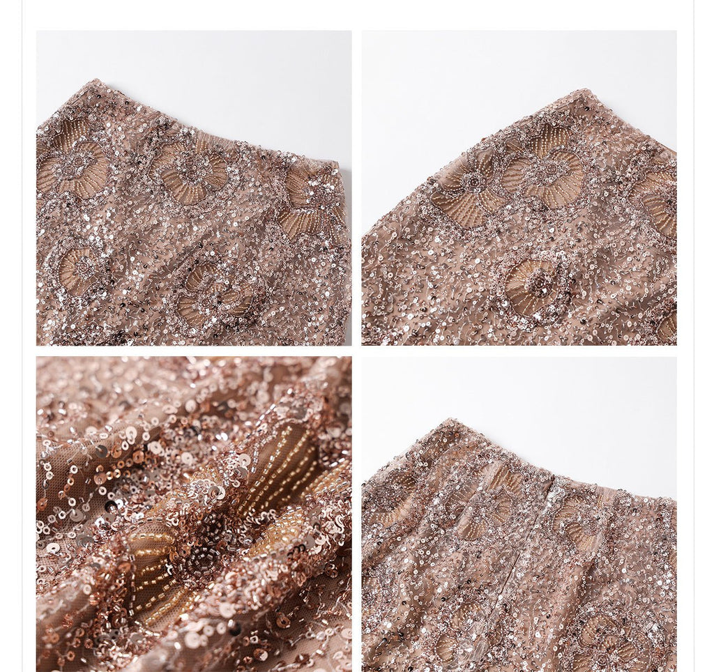 Camel midi skirt with geometric sequins featuring a shimmering design and pleated texture