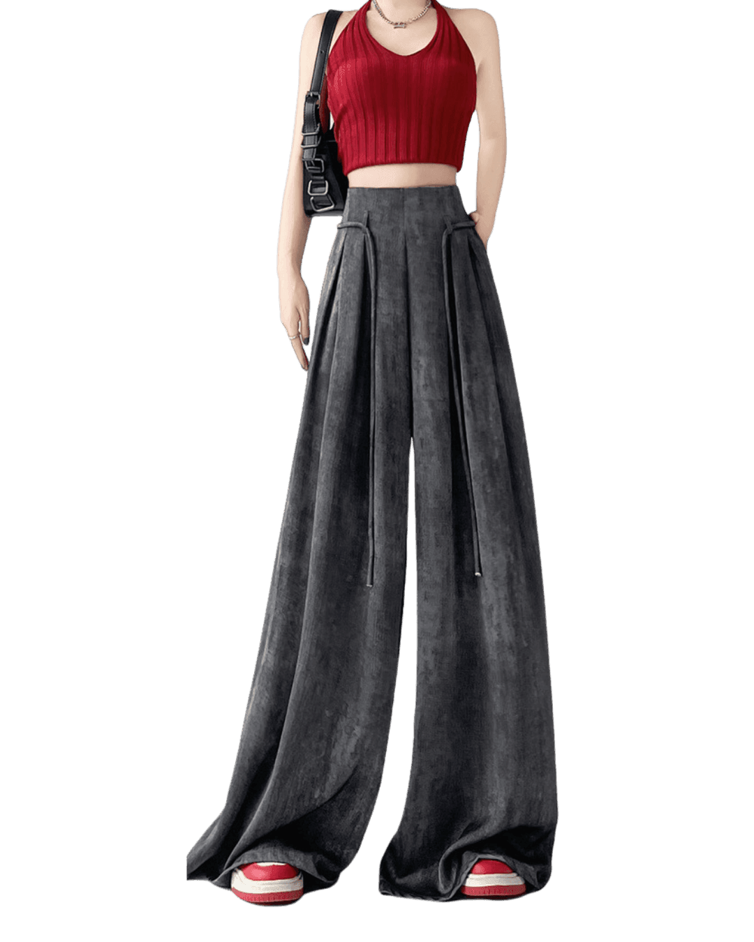 Stylish AM Vision RO Casual Wide-Leg Pants in Black with Pleated Design for a Fashionable Look