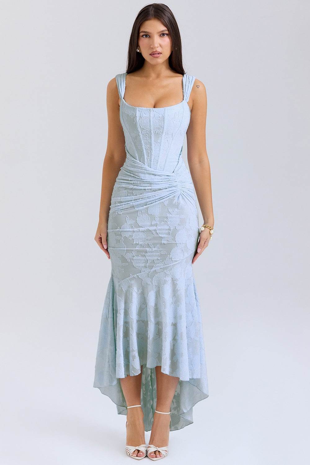 Light blue Mermaid Style Dress with a fitted bodice and flared hem for an elegant look