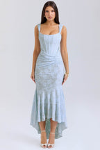 Light blue Mermaid Style Dress with a fitted bodice and flared hem for an elegant look