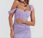 Beautiful lavender Mermaid Style Dress featuring off-shoulder sleeves and ruched detailing