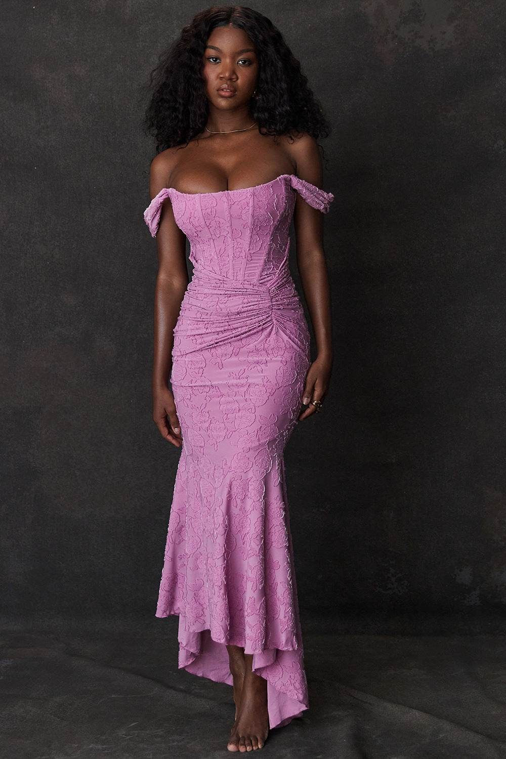 AM Vision RO Mermaid Style Dress in Lavender with Off-Shoulder Design and Fitted Silhouette