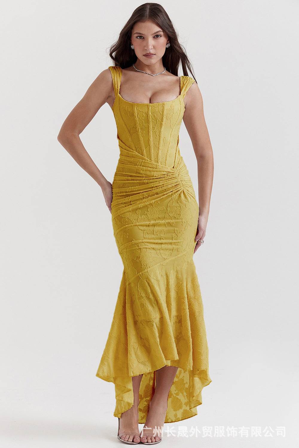 Stylish yellow Mermaid Style Dress featuring a fitted silhouette and elegant flounce hem