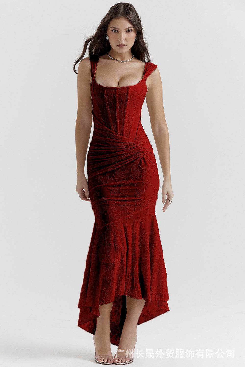Elegant red Mermaid Style Dress with a fitted silhouette and flared hem for special occasions