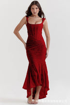 Red Mermaid Style Dress with Fitted Bodice and Asymmetrical Hem for Elegant Occasions
