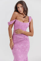Elegant pink Mermaid Style Dress with off-shoulder design and ruching detail
