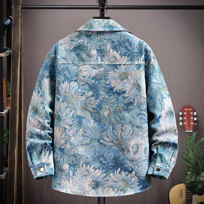 AM Vision RO Osaka Breeze Floral Shirt Jacket with a vibrant floral pattern in blue tones