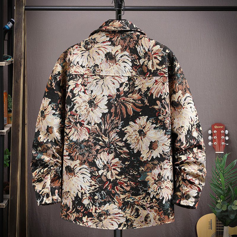 Osaka Breeze Floral Shirt Jacket featuring a vibrant floral pattern on a dark background