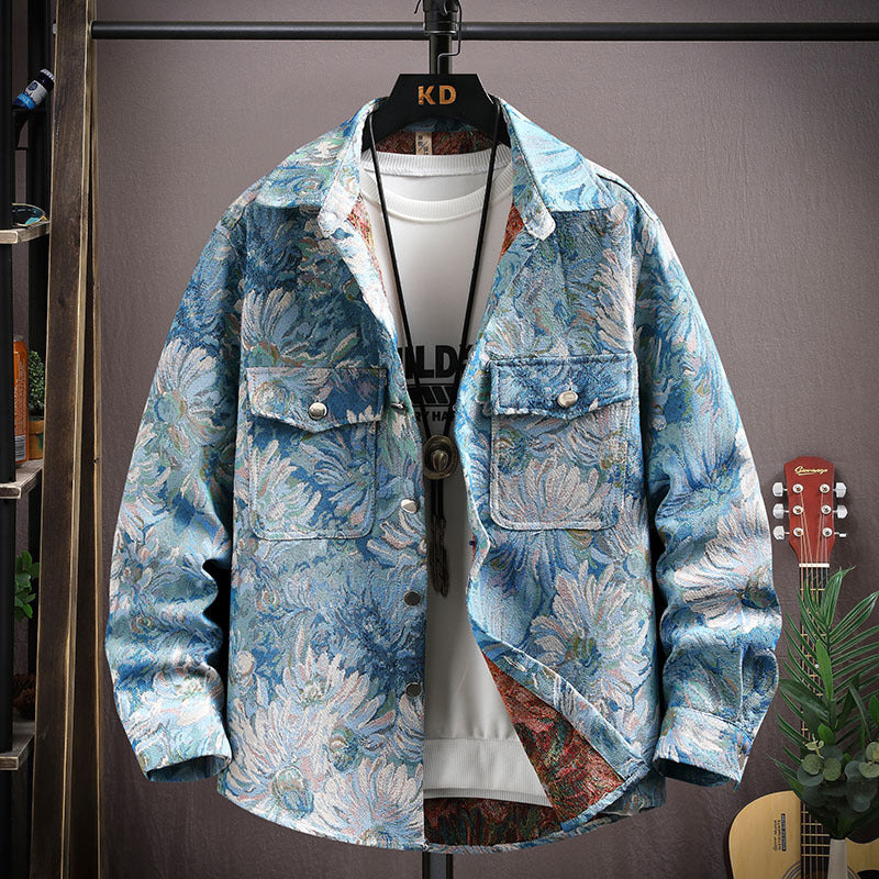 Osaka Breeze Floral Shirt Jacket in Blue with Floral Pattern and Front Pockets for Stylish Apparel