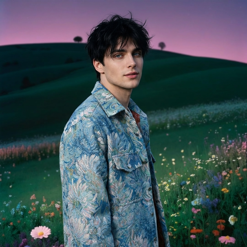 Young man wearing an Osaka Breeze Floral Shirt Jacket against a colorful floral landscape