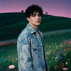 Young man wearing an Osaka Breeze Floral Shirt Jacket against a colorful floral landscape
