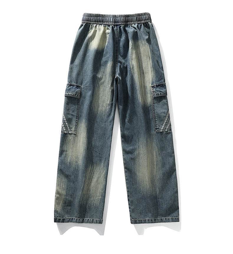 Pantaloni cargo prespălați drepți cu buzunare laterale și talie elastică pentru un look casual