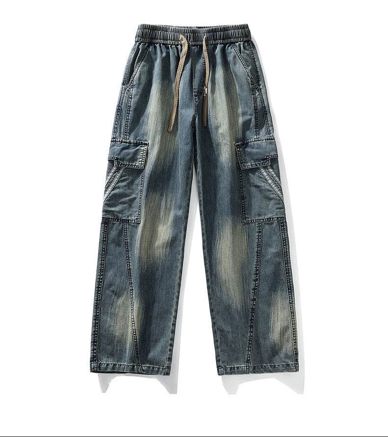 Pantaloni cargo prespălați drepți pentru bărbați cu buzunare laterale și talie elastică cu șnur