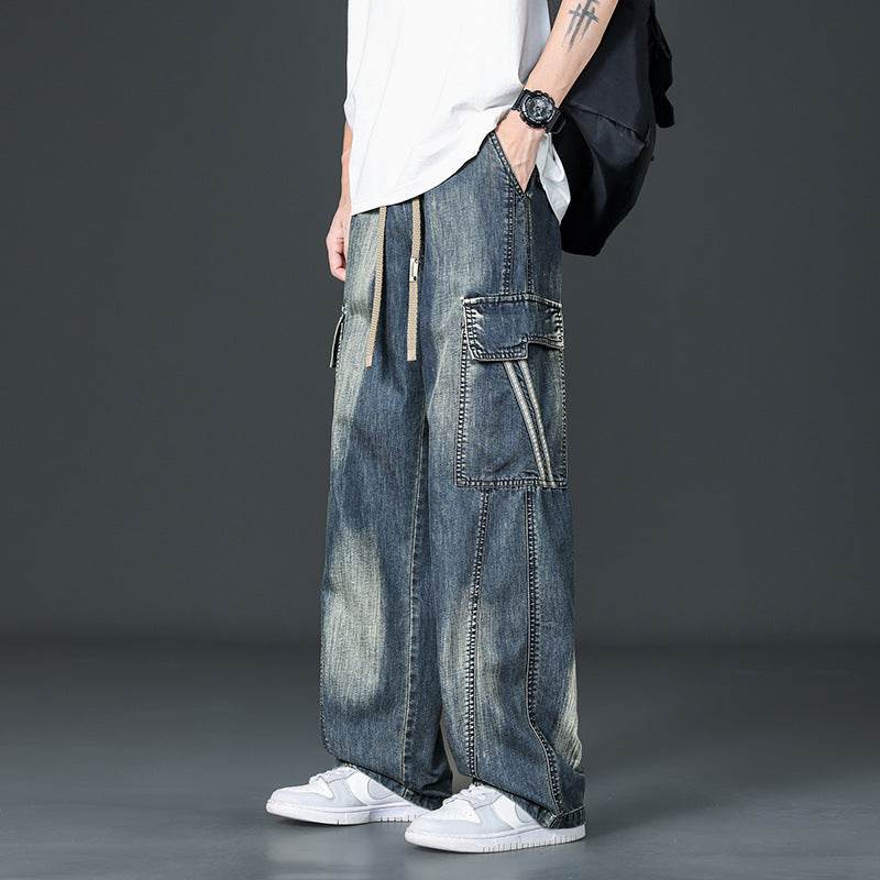 Pantaloni cargo prespălați drepți din denim albastru închis, cu buzunare laterale mari și talie cu șnur