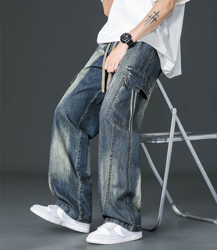 Pantaloni cargo prespălați drepți pentru bărbați, din denim, cu buzunare laterale și aspect casual