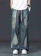Pantaloni cargo prespălați drepți din denim cu buzunare laterale pentru bărbați
