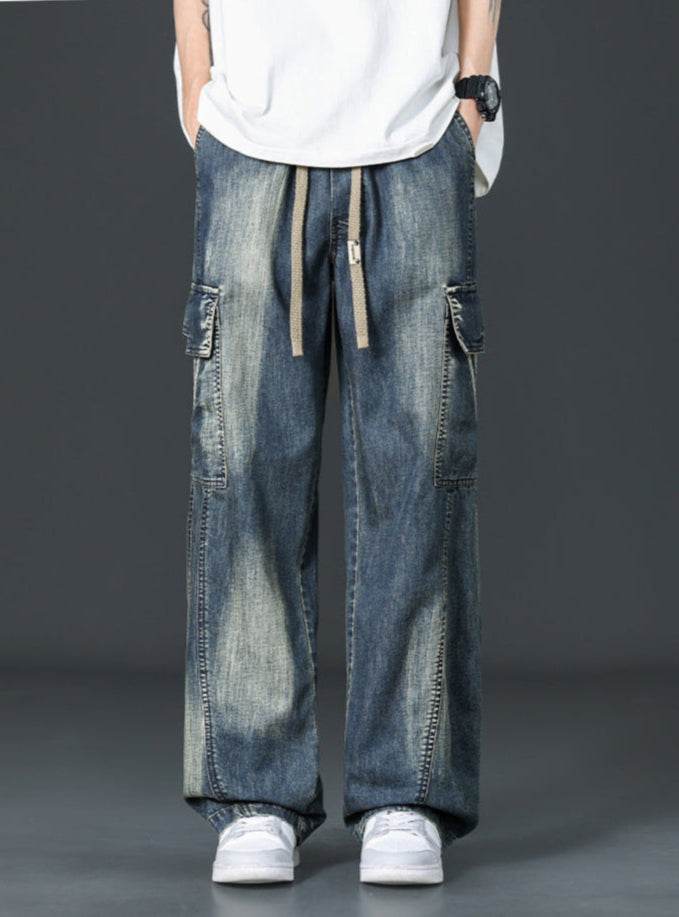 Pantaloni cargo prespălați drepți din denim cu buzunare laterale pentru bărbați