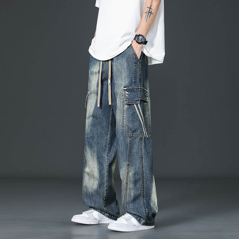 Pantaloni cargo prespălați drepți din denim cu buzunare laterale și aspect uzat pentru bărbați