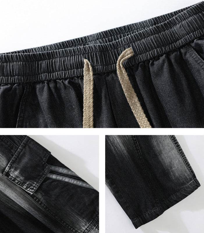 Pantaloni cargo prespălați drepți negri cu talie elastică și șnur de ajustare AM Vision RO