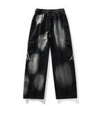 Pantaloni cargo prespălați drepți negri cu buzunare laterale și elastic în talie