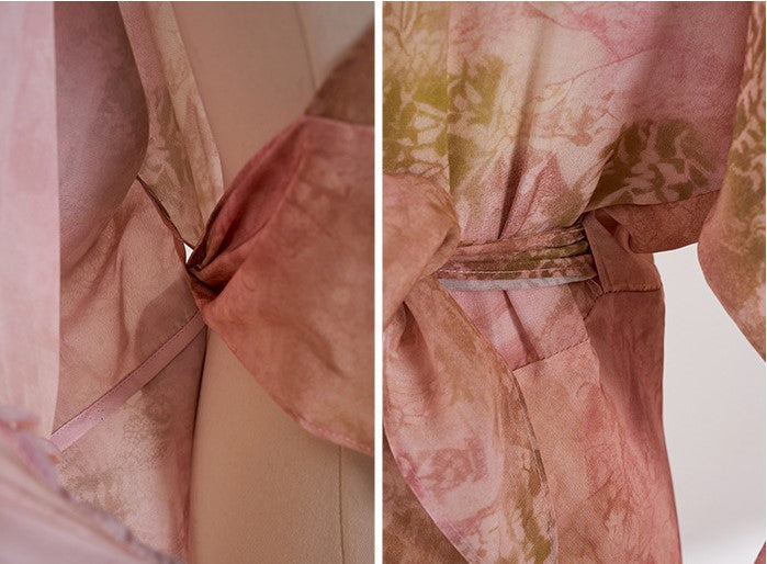 Detail of the Pink Silk Blossom Dress showing soft fabric and elegant tie design