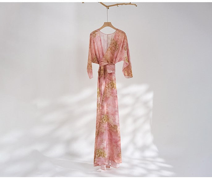Pink Silk Blossom Dress with a flowing design and elegant long sleeves for a stylish look