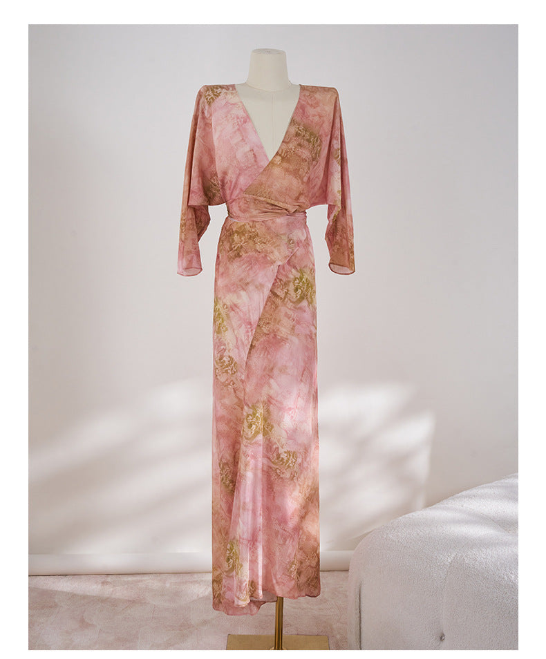 Elegant Pink Silk Blossom Dress with flowy sleeves and a wrap design, ideal for special occasions
