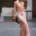Elegant Pink Silk Blossom Dress with a Wrap Design, Perfect for Special Occasions