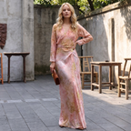 Elegant Pink Silk Blossom Dress with long sleeves and a flattering wrap design for special occasions