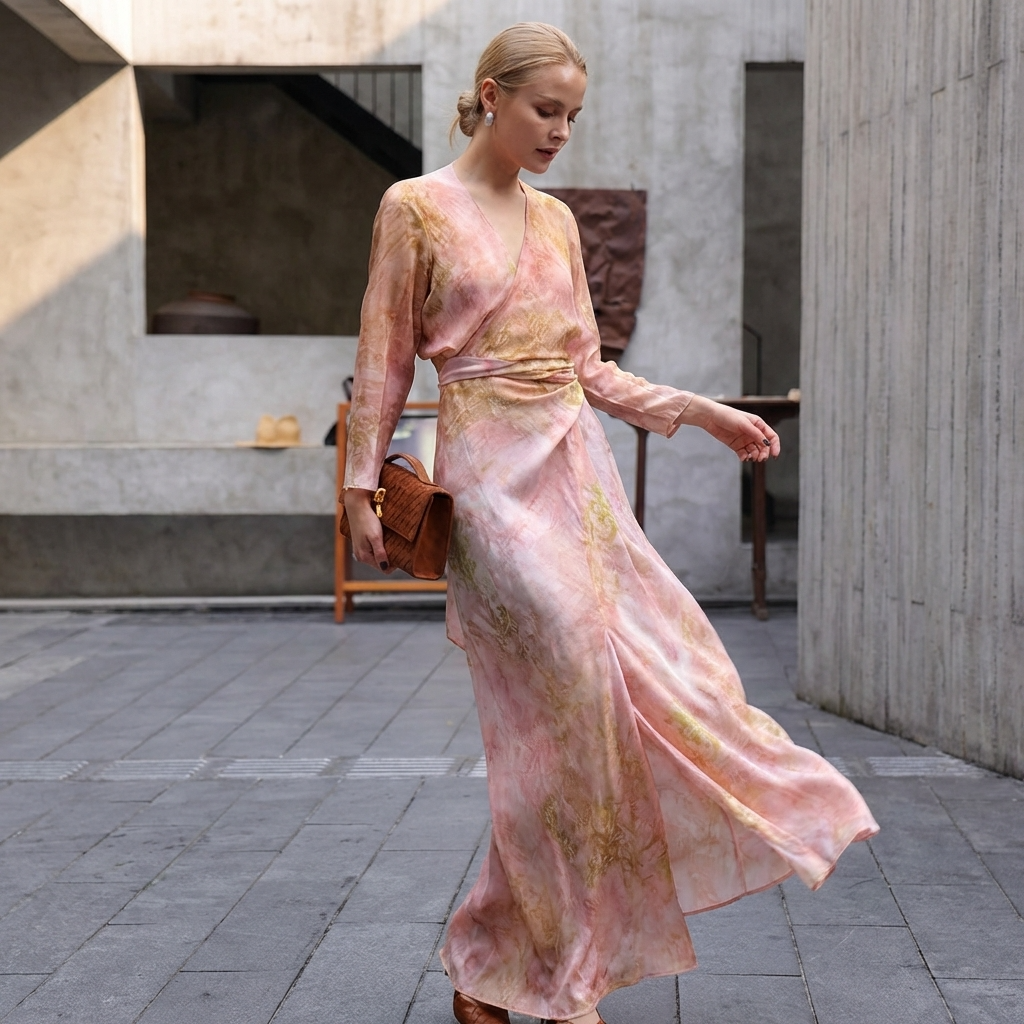 Elegant Pink Silk Blossom Dress with Long Sleeves and Flowing Silhouette, Perfect for Special Occasions