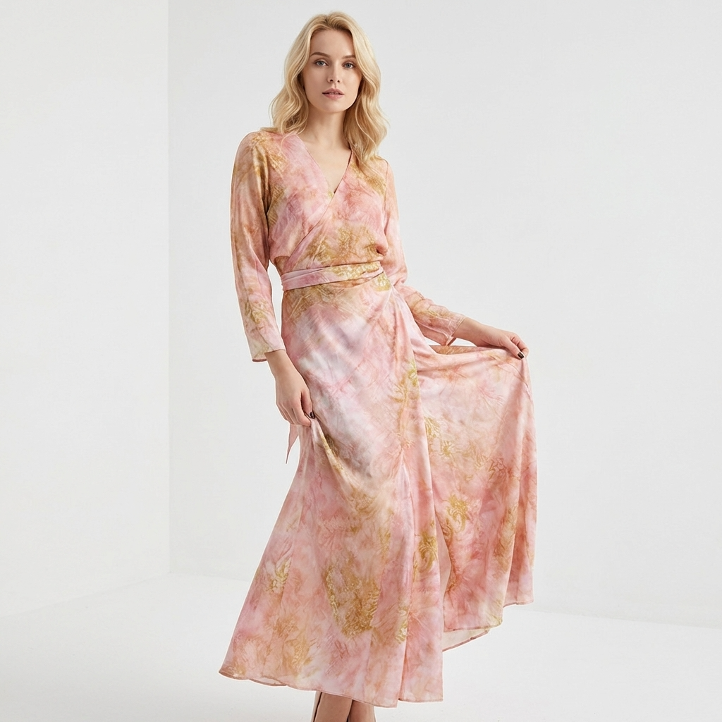 Elegant Pink Silk Blossom Dress with a flowing silhouette and long sleeves for a feminine look