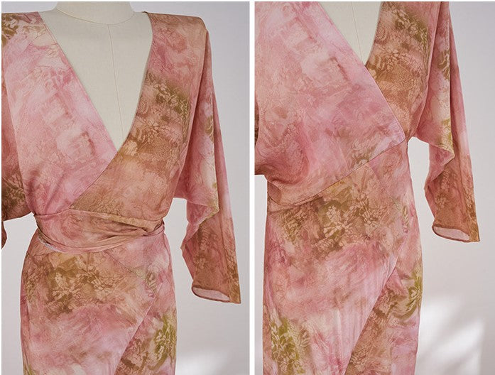 Pink Silk Blossom Dress with Flowing Sleeves and Wrap Design for Elegant Occasions