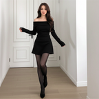 Elegant S Shaped Off Shoulder Bodycon Wool Dress in Black, perfect for chic events