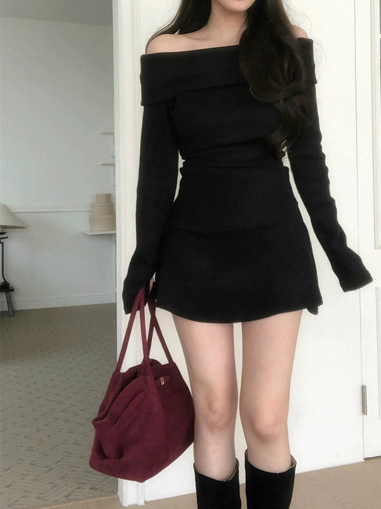 S Shaped Off Shoulder Bodycon Wool Dress in Black, perfect for stylish outings and events