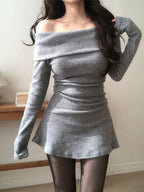 Stylish S Shaped Off Shoulder Bodycon Wool Dress in Gray, perfect for chic outings and casual wear