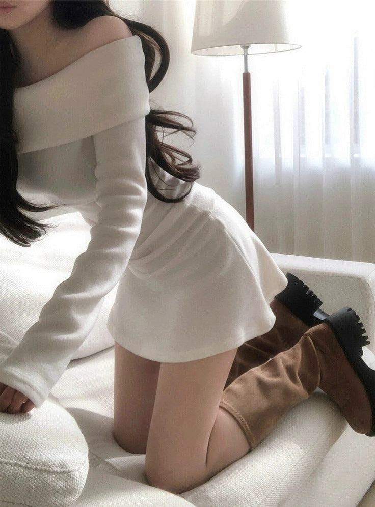 S Shaped Off Shoulder Bodycon Wool Dress in white with long sleeves and stylish knee-high boots