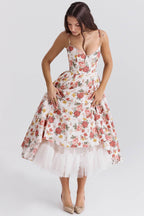 AM Vision RO Floral Satin Midi Dress with Spaghetti Straps and Tulle Overlay for Elegant Occasions