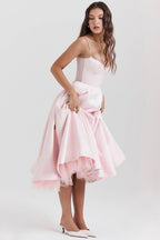 Elegant Pink Satin Midi Dress with Tulle Underskirt and Adjustable Spaghetti Straps
