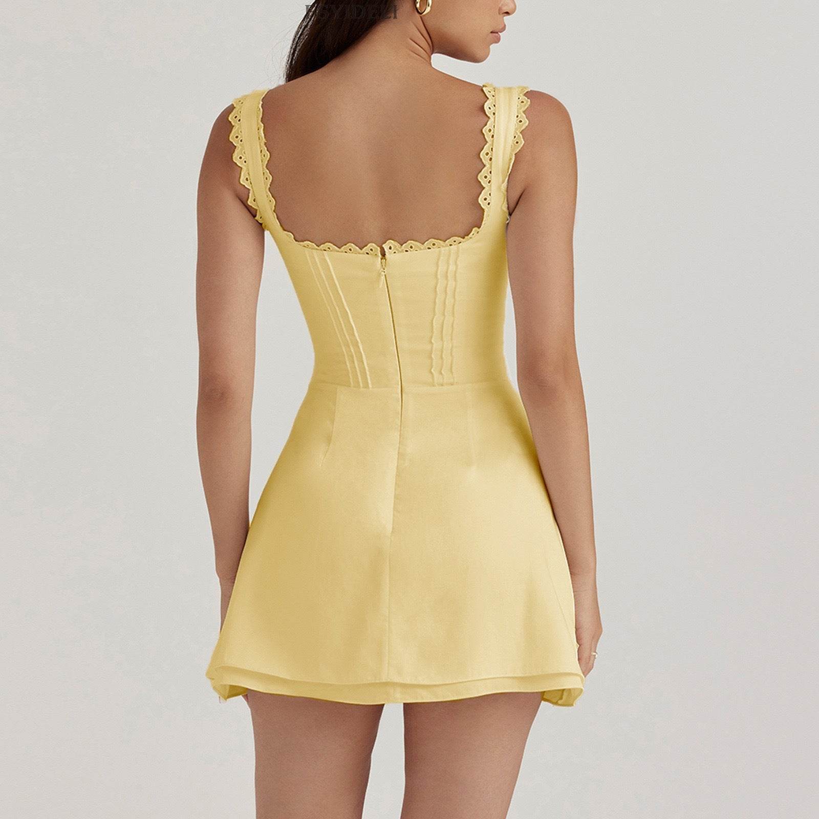 Back view of a yellow short casual dress with lace details and a fitted bodice